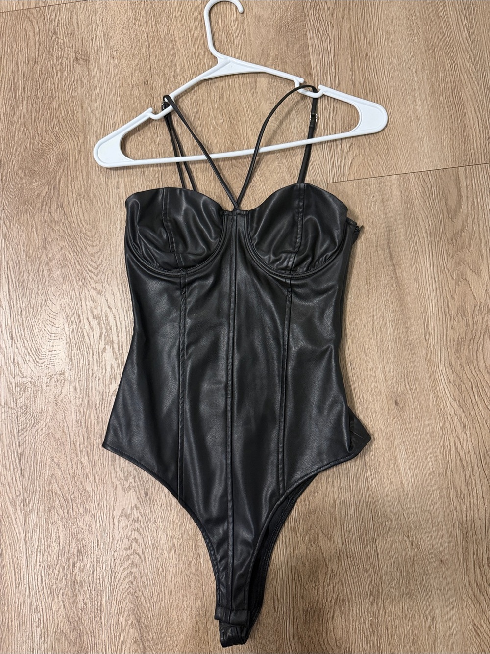 Zara Black Faux Leather Strappy One-Piece Bodysuit